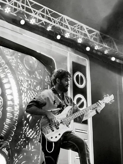 A classic black and white shot of our bassist in his element during our set at Thee Flea in Surat.