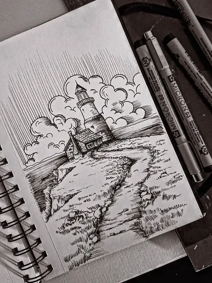 A moody landscape sketch of a lighthouse on a cliff, done with Micron ink pens. This is an example of my 'Inktober' work, where I focus on creating atmosphere with just black ink.