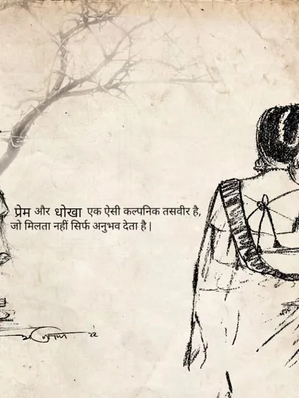 A sketch depicting two figures, with a reflection on love and betrayal. The text says: "Love and betrayal are such an imaginary picture, which is not found but only gives experience."