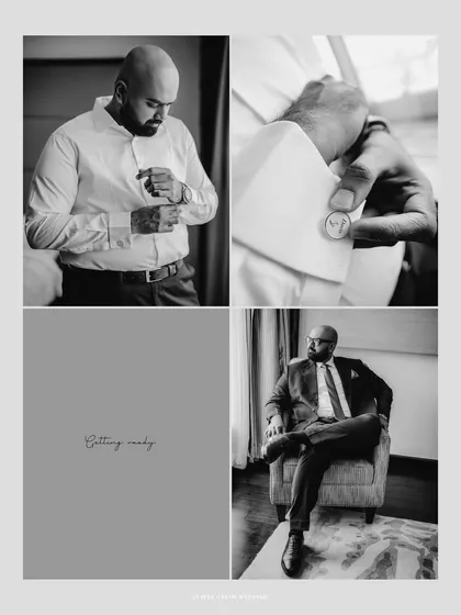A collage of the groom getting ready, from fixing his cufflinks to a final pensive portrait. These details are an important part of the wedding story.