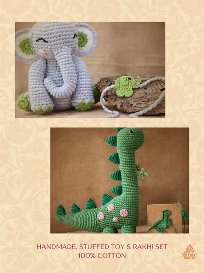 The perfect gift for a younger sibling. This handmade, 100% cotton stuffed toy comes with a matching Rakhi.