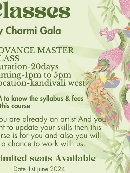 Details for the Advance Master Class in Kandivali West. This 20-day course is designed to turn you into a professional mehendi artist.