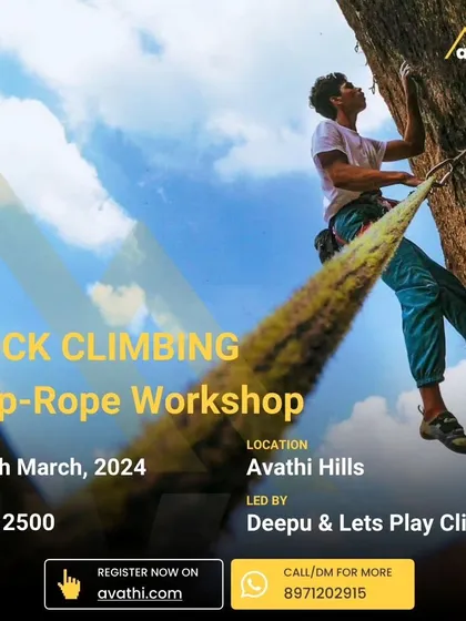 Ready to conquer the rock? Join my Top-Rope Climbing Workshop at Avathi Hills. It's a full-day event for all skill levels, where you'll learn techniques from some of India's best climbers.