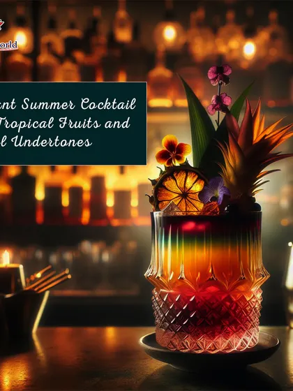 A vibrant, layered summer cocktail with tropical fruits and floral undertones. The complex presentation and exotic garnishes showcase our commitment to creating drinks that are works of art.