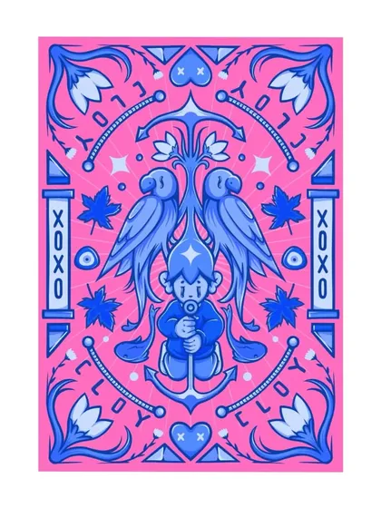 'CLOY in the colours of cotton candy.' This is a colored digital illustration with a symmetrical design, inspired by love and affection.
