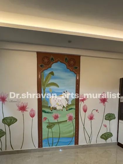 Another angle of the full Pichwai wall, showing how it commands the space with its serene and traditional beauty.