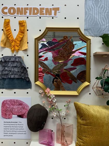 A mood board from the 'We/Us' trend, showing how we gather inspiration for our conceptual worlds. The mirror reflects the final installation, connecting the process to the result in a narrative of bold, confident, and ungendered design.