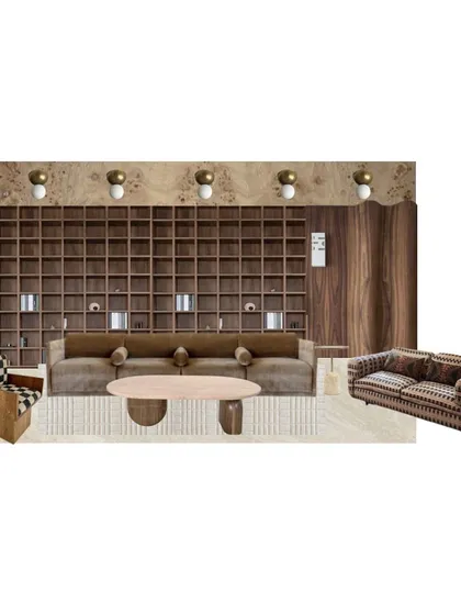 A mood board for a library or study, featuring a large built-in bookshelf, a plush velvet sofa, and a mix of patterned armchairs.