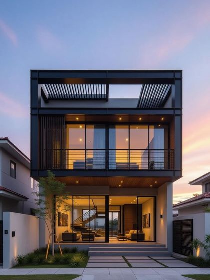 Another angle of the modern villa, this time showing a combination of fixed and open sections. We designed the upper level with a pergola-style roof and railings for a complete outdoor living space.