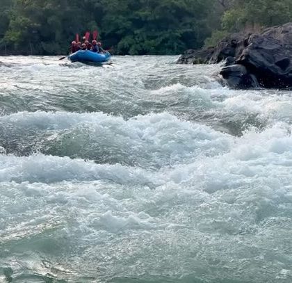The churning white water of a rapid in Dandeli, illustrating the power and beauty of the river.