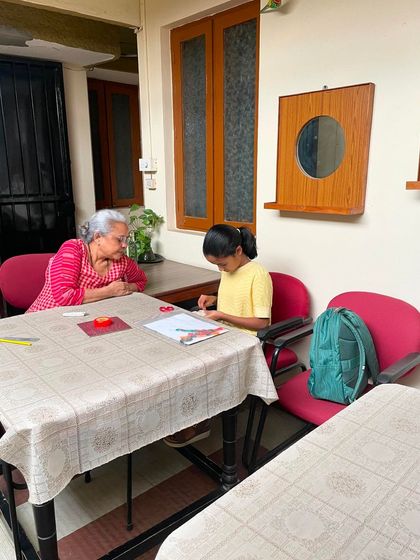 A wider shot of my 11-year-old student at work in the studio. The calm, well-lit space is perfect for focused learning.