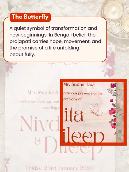 Every detail has a story. For this Bengali wedding invitation, we included a butterfly, or 'prajapati'. It's a quiet symbol of transformation and new beginnings, carrying hope and the promise of a beautiful life unfolding.