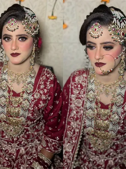 This side profile highlights the intricate hair jewelry, including the passa, which we incorporated into her bridal updo. It also gives a great view of the contouring and the sharp, defined eyeliner that is key to this look.