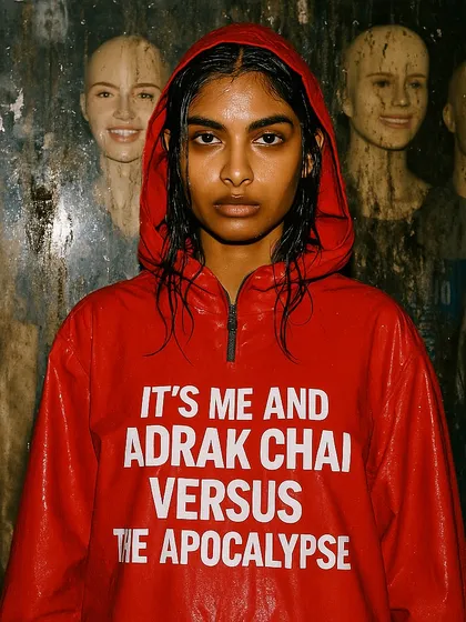 A woman in a red raincoat that says 'IT'S ME AND ADRAK CHAI VERSUS THE APOCALYPSE'. A duplicate image from the popular 'Rainquotes' series.