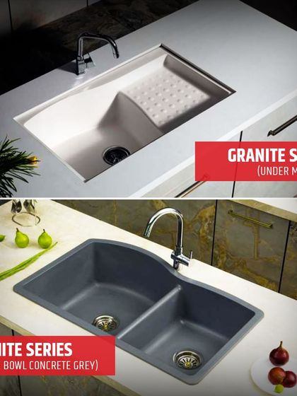 This shows my Granite Series sinks, available in an under-mounted style or as a double bowl in concrete grey. Both offer durability and a modern aesthetic.