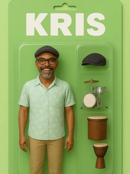 Meet Kristofor, one of our passionate percussion teachers. This fun graphic shows his personality and the tools of his trade, from the Djembe and Cajon to a full drum kit. Our instructors are the heart of our academy, bringing expertise and a love for music to every session.