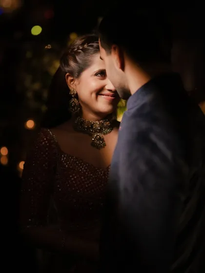 An intimate, candid shot from Janhvi's cocktail party. The lighting beautifully catches her radiant smile and the sparkle in her eyes.