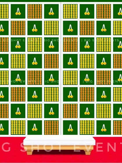A unique digital concept for a Haldi or Mehendi backdrop. This design features a checkered pattern of green and yellow squares with small floral tassels, framed by marigold garlands.