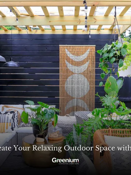 Here is a concept for creating a relaxing outdoor space. The design uses a pergola, hanging plants, and comfortable seating to craft a bohemian-inspired retreat perfect for unwinding.