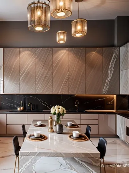 An expansive U-shaped kitchen with a large central island that serves as a dining table. The design features a mix of light and dark marble, creating a sophisticated and cohesive look, all illuminated by elegant pendant lights.