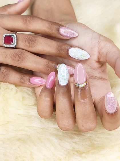 Another view of this elegant pink and glitter manicure, perfect for a party or special occasion.