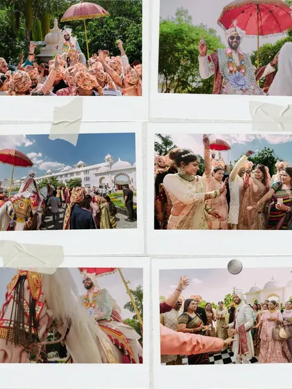 A collage of photos capturing the energy of a baraat procession against the grand white architecture of the Radisson Blu in Udaipur.