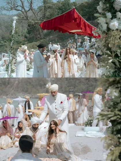 A collage of ceremony moments by the Ganga, showing the blessings of family and the unique rituals performed on the riverbank.