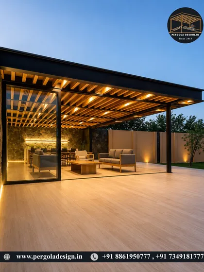 Imagine relaxing here. This design features a pergola with a warm, wooden-slatted ceiling and ambient downlighting, creating an incredibly cozy and inviting atmosphere for an evening outdoors.