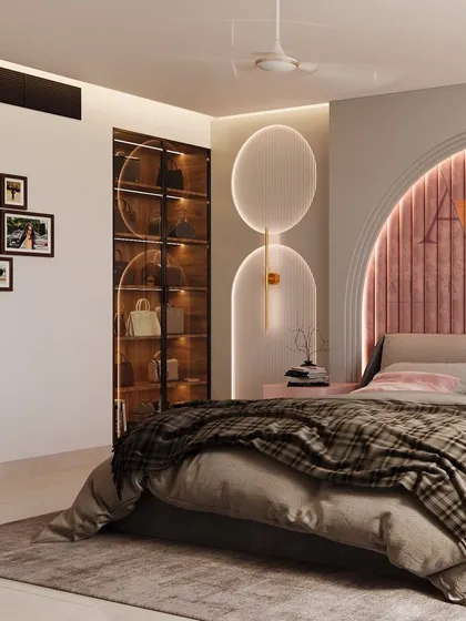 This angle reveals a custom-built, glass-front display cabinet for accessories, seamlessly integrated into the bedroom's design for a touch of personal luxury.