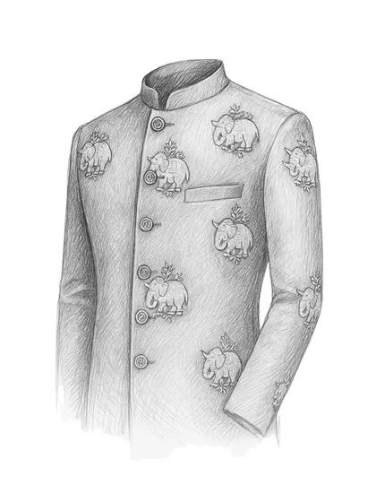 This is the original sketch for our royal blue elephant bandhgala. Every one of my designs starts as an idea, a drawing that we then bring to life with fabric and thread.