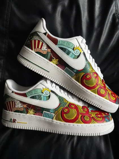 A top-down view of the colorful cinema custom sneakers.