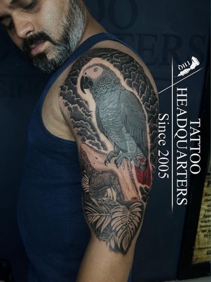 A full sleeve tattoo of an African Grey Parrot. The detailed feather work and shading, with a pop of red on the tail, make this piece stand out.