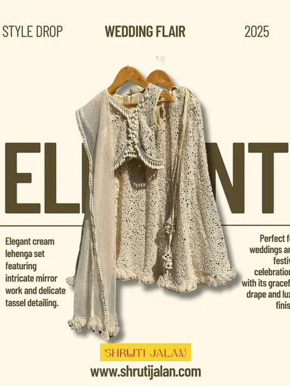 A style card for my elegant cream mirror-work lehenga, perfect for weddings and festive celebrations.