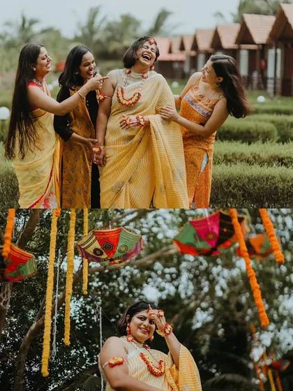 A collage of the bride having fun with her bridesmaids and posing under a tree decorated with colorful umbrellas.