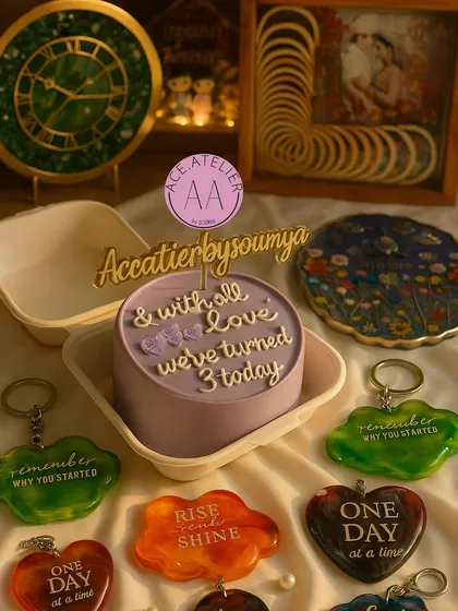 Turning 3 feels so special. This flatlay celebrates my brand's anniversary with a collection of my favorite creations, from clocks to keychains. Thank you for being on this journey with me.