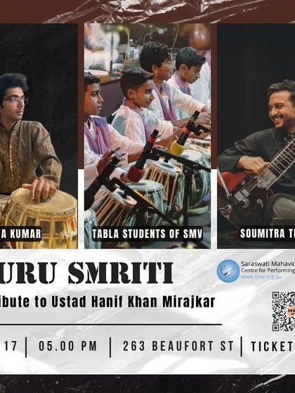 The official poster for the "Guru Smriti" event in Perth, a tribute to Ustad Hanif Khan Mirajkar. I was honored to be the featured artist for this special evening.