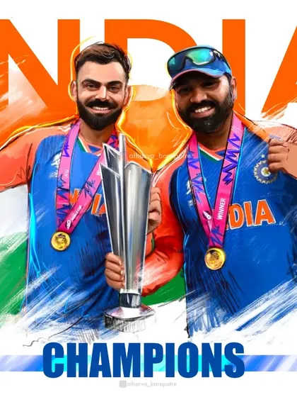 To celebrate India's T20 World Cup victory, I created this piece to capture the historic moment of triumph. This digital illustration honors the monumental achievement of our cricket legends, Rohit Sharma and Virat Kohli.