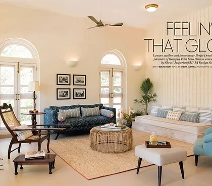 The living room of the Goa villa is designed for comfort and conversation. I used a mix of custom and locally sourced furniture, including a large daybed and woven center table, to create a relaxed yet sophisticated atmosphere.