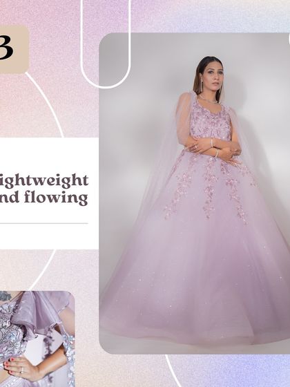 A graphic highlighting a lightweight and flowing lilac gown, perfect for comfortable yet glamorous evening wear.