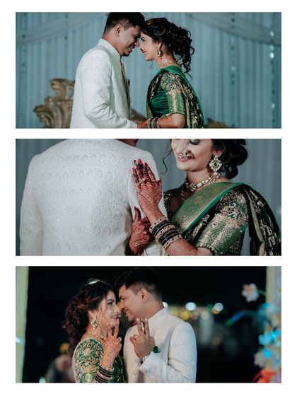 A collage of intimate moments from a reception. The bride in her elegant green saree shares tender moments with her groom, captured in a modern, cinematic style.