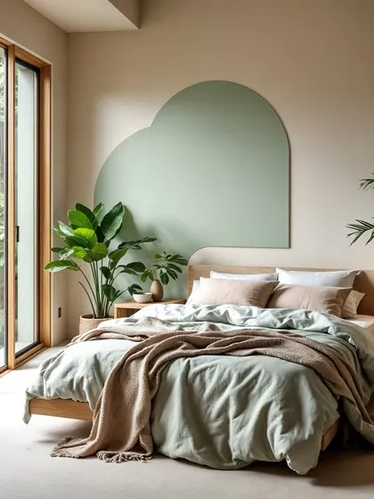 A Japandi-inspired bedroom concept where a soft, arched headboard in mint green contrasts beautifully with the neutral, earthy tones of the room.