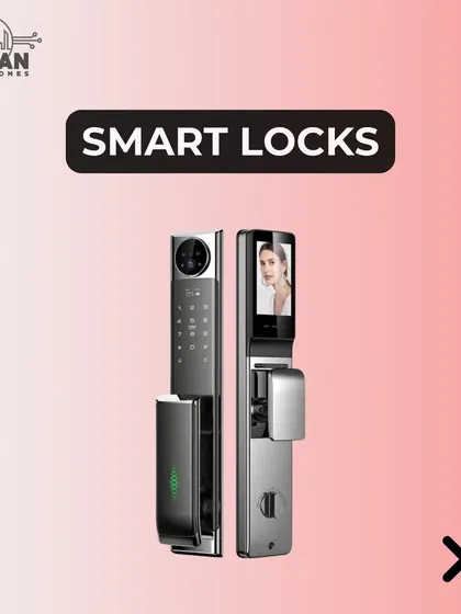 A product shot of our premier smart lock, which features a high definition camera and screen. This device is more than a lock; it's a complete front door security and communication system.