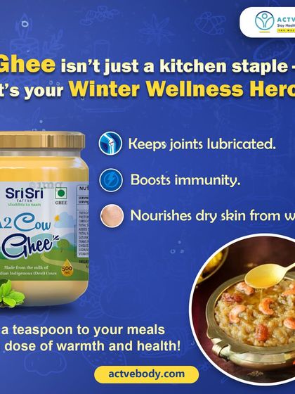 Ghee isn't just a kitchen staple, it's your winter wellness hero. This image of A2 Cow Ghee explains how it keeps joints lubricated, boosts immunity, and nourishes dry skin from within.