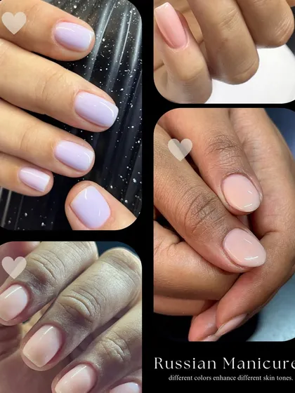 A collage showing the results of my Russian manicure service. Different colors look beautiful on different skin tones, but the clean, perfect finish is always the same.