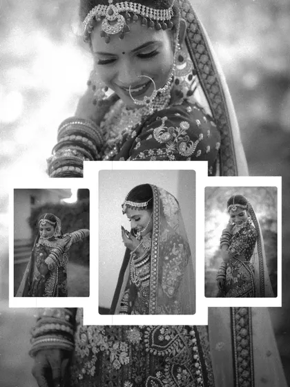 A beautiful black and white photo collage of a bride. This collection of fine-art portraits captures her joyful expressions and the delicate details of her traditional attire and jewelry in a timeless monochrome style.
