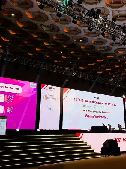 The main stage for the 13th AIBI Annual Convention at the Jio World Convention Centre. We designed this professional setup featuring a multi-panel LED backdrop for crisp presentations and branding, ensuring a seamless experience for the Association of Investment Bankers of India.