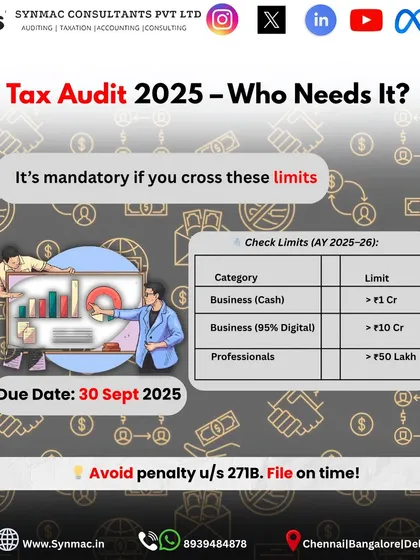 A tax audit is mandatory if your business turnover crosses certain limits, and the rules are different for cash versus digital transactions. This visual breaks down the thresholds for businesses and professionals for the assessment year 2025-26. I can help you determine if you need an audit and ensure you file by the due date to avoid heavy penalties.