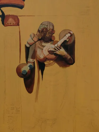 A close-up of the "Melodic Muse" underpainting. You can see how I've started to block in the shadows and highlights to give the statue a three-dimensional form.