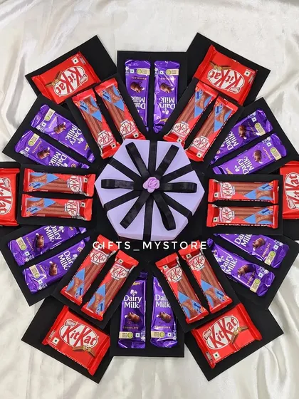 A close-up of the layers in my butterfly chocolate explosion box. This one features a mix of Dairy Milk and KitKat.