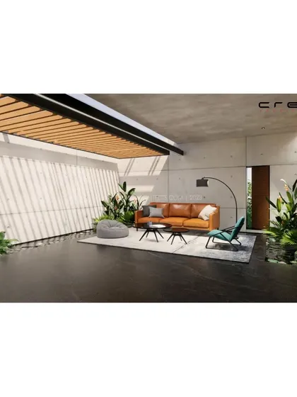 A duplicate of an interior render for 'Hover Over,' this image showcases a space designed for relaxation, blending minimalist furniture with natural materials and abundant light.